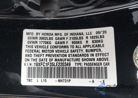 2020 Honda Civic Ex z USA, uszkodzony, nr VIN 19XFC1F35LE220349